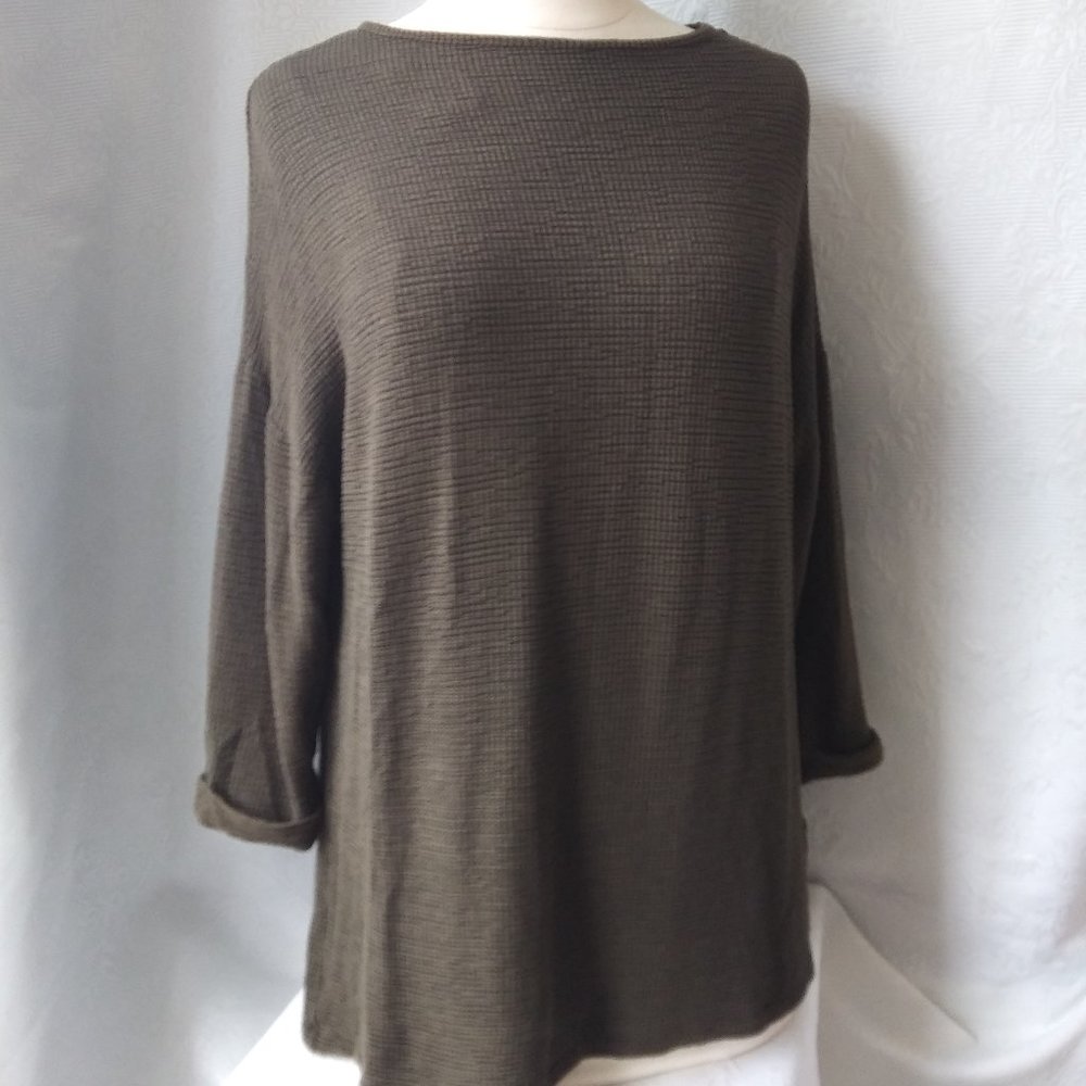 Zara | Textured Olive with Black Knit Tunic 3/4 Length Sleeves Wide Neck | S